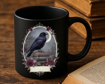Personalized Gothic Crow Mug, Raven on Books with Dark Florals & Crescent Moon, Witchy Coffee Cup, Book Lover Gift, Dark Cottagecore Mug