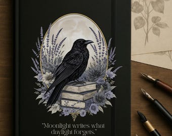 Op de afbeelding: Zwart notitieboek met een ravenillustratie. De raaf zit op boeken, omringd door lavendel en bloemen, met een volle maan op de achtergrond. De tekst "Moonlight writes what daylight forgets" staat onderaan.
