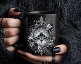 Dark Moth Mug | Gothic Floral Coffee Cup | Moth in Ornate Frame | Witchy Cottagecore Gift for Her | Dark Academia Mug