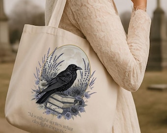 Witchy Crow Tote Bag: Gothic Bookish Canvas Bag with Moon & Florals