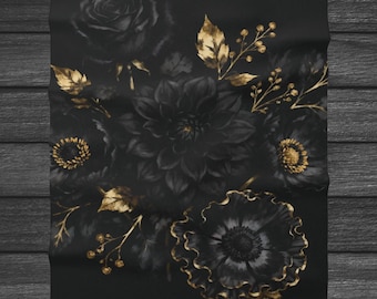 Gothic Black Floral Sherpa Blanket, Dahlia & Rose Throw with Gold Accents, Dark Cottagecore Cozy Blanket, Gothic Gift for Her