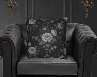 White & Grey Rose Pillow Cover – Dark Floral Gothic Throw Pillow | Moody Cottagecore Cushion | Black Rose Accent Decor