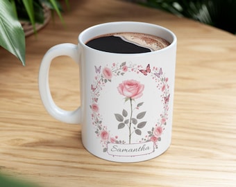 Personalized Rose Mug: June Birth Flower Gift, Custom Ceramic Mug
