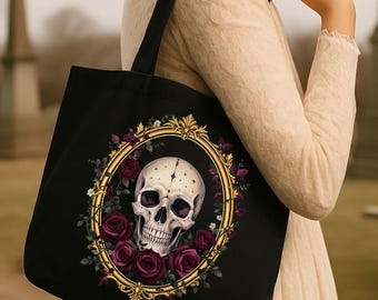 Dark Floral Skull Tote Bag: Gothic Cottagecore Reader Gift