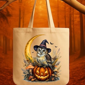 Barn Owl Tote Bag Halloween – Jack-O’-Lantern Owl Canvas Tote – Spooky Cute Owl Gift – Cottagecore Witchy Autumn Tote