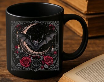 Tazza con mezzaluna e pipistrello nero: tazza da caffè gotica e stregata
