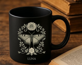 Personalized Moth Mug, Gothic Floral Name Mug, Luna Moth Coffee Cup, Dark Cottagecore Ceramic Mug, Witchy Nature Gift