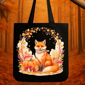 Autumn Fox Tote Bag – Cute Fox with Scarf & Fall Florals Canvas Tote – Cottagecore Woodland Gift – Cozy Fall Tote