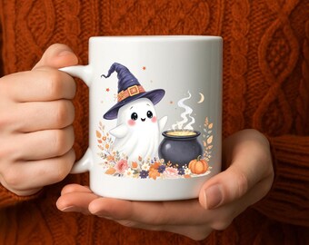 Taza de bruja fantasma, lindo fantasma de Halloween con caldero y flores, taza de café de bruja de estilo cottagecore, acogedora taza de otoño espeluznante