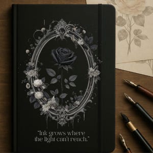 Gothic Black Rose Journal,  Dark Academia Hardcover Notebook with Ornate Frame & Lined Pages,  Soft Goth Writing Gift, Aesthetic Stationery