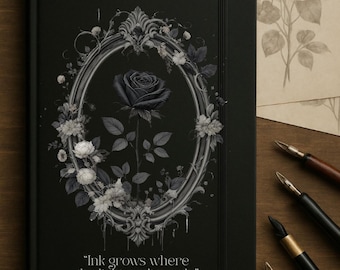 Journal floral foncé - Carnet de notes gothiques roses noires avec cadre fleuri | Couverture rigide sombre / Cadeau pour écrivains