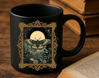 Gothic Moth Moon Mug, Black Ceramic Cottagecore Coffee Cup, Celestial Meadow Moth Art Mug, Witchy Nature Gift, Dark Academia Decor