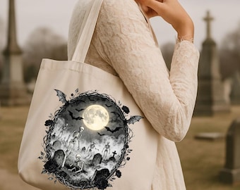 Bolsa de lona de algodón con diseño de cementerio de esqueletos: estilo gótico de Halloween y brujas
