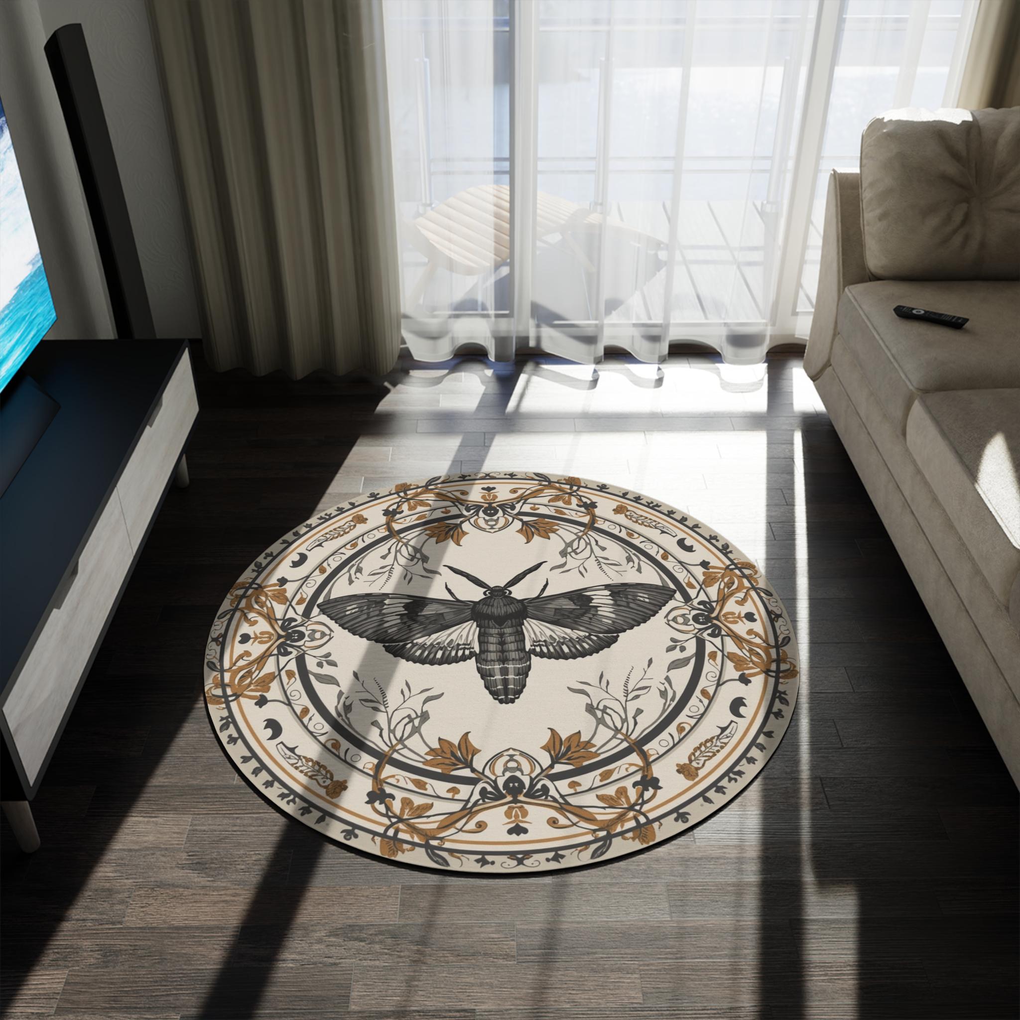 Moth Pattern Rug Gothic Moth Round Rug | Dark Cottagecore Medallion Rug | Vintage Insect ...