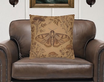 Brown Moth & Mushroom Pillow Cover – Cottagecore Woodland Cushion | Dark Academia Home Decor | Boho Nature Aesthetic