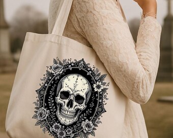 Gothic Skull Tote Bag: Dark Roses, Ornate Frame - Witchy Cottagecore