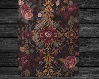 Burgundy Floral Gold Ornate Blanket, Gothic Victorian Sherpa Fleece Throw, Dark Romantic Home Decor, Baroque Floral Cozy Gift