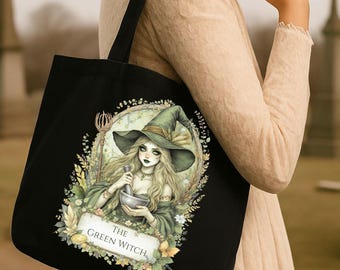 Green Witch Tote Bag,  Cottagecore Witch Archetype Aesthetic, Witchy Book Tote, Herbal Witch Gift, Nature Witch Bag, Moonlight and Meadow