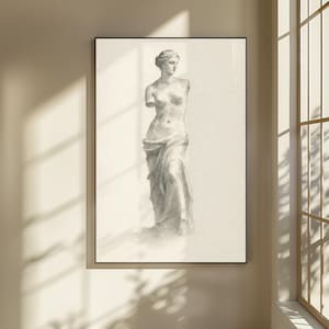 May include: A framed black and white print of a classical statue of a woman. The statue is draped in fabric and is missing both arms. The artwork is displayed on a neutral-colored wall, with sunlight casting shadows.