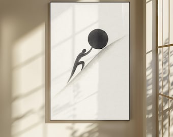 Wydrukowana sztuka ścienna Syzyfa Zen Sumi-e Ink z minimalistycznym filozoficznym motywem, wystrój absurdu greckiego mitu, bohater pchający głaz, różne proporcje