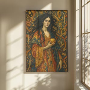 May include: A rectangular wall art print featuring a person with long dark hair wearing a patterned red and blue robe, holding a golden apple. The background is filled with gold and blue geometric shapes, stars, a sword, and a crown motif.