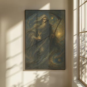 Könnte beinhalten: Gerahmtes Kunstwerk, das eine bekleidete Figur mit langem weißem Bart zeigt, die eine Sanduhr und eine Sense hält. Die Figur ist vor einem wirbelnden blauen und goldenen kosmischen Hintergrund mit Sternen und himmlischen Elementen platziert. Das Kunstwerk ist in einem schwarzen Rahmen gerahmt.