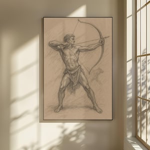 Könnte beinhalten: Gerahmte Bleistiftzeichnung eines muskulösen Mannes, der einen Bogen spannt. Das Kunstwerk in Grau- und Brauntönen zeigt einen Mann in einem Lendenschurz. Die Zeichnung ist in einem schwarzen Rahmen montiert, geeignet für die Wanddekoration.
