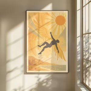 Printable Falling Icarus Greek Mythology Wall Art | Retro Sun & Wings Poster | Minimalist Tragic Myth Illustration