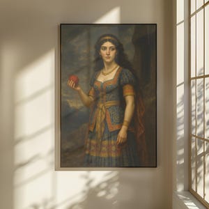May include: A framed painting of a woman in a blue and gold dress holding a red ball of yarn. The artwork, in a classical style, features the woman with long dark hair and jewellery. The painting is displayed on a wall, adding a touch of elegance.