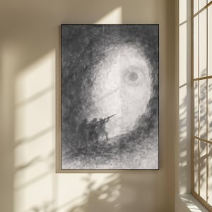 May include: Monochromatic artwork depicting soldiers aiming rifles in a dark, cavernous setting. A bright, circular light source, possibly the moon, illuminates the scene. The painting is framed in black and mounted on a beige wall.