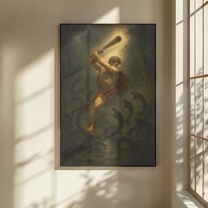 Peut inclure: Une impression encadrée représentant une scène classique d'une figure musclée maniant une massue contre des créatures serpentines. L'œuvre d'art présente une palette de couleurs sombres et dramatiques avec un effet de projecteur sur la figure centrale.