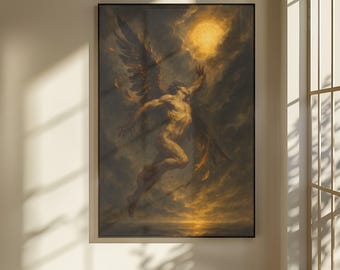 Printable Icarus Ascending Burning Wings Romantic Myth Oil Painting Print Greek Mythology Chiaroscuro Printable Wall Art ar 2:3 24 x 36 in