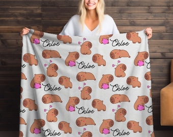 Capybara Decke Personalisiert mit Namen, Benutzerdefinierte Capybara Decke mit niedlichem Capybara Druck Tierdecke Liebhaber Geschenke für Freundin Mädchen