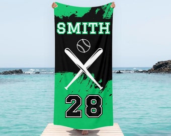 Personalized Baseball Beach Towel with Name, Customized Crossed Bats Team Towel, Custom Sports Team Bath Towel, Summer Vacation Gift Idea