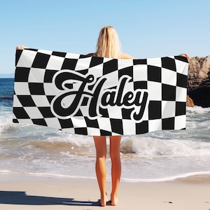Personalized CHECKER Pattern Retro Style Beach Towel with Name, Custom beach towel gift, Wavy Checkered Pool Party Birthday Gift for Girl
