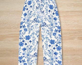 MJUKA Blå Toile Pyjamasbyxor - Mysiga PJ-presentidéer till mamma och mormor, Vintage Cottagecore Blommig Chinoiserie Mönster