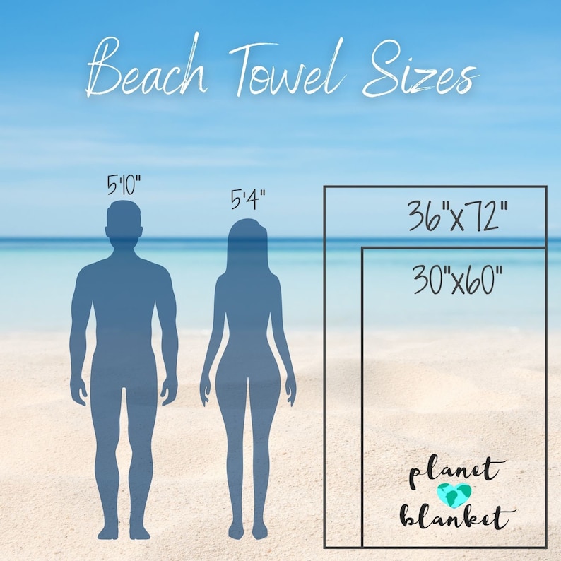 Pu&ograve; includere: Un grafico che mostra la dimensione degli asciugamani da spiaggia in confronto all'altezza di una persona. Gli asciugamani misurano 91 cm x 183 cm e 76 cm x 152 cm. Il testo "planet blanket" &egrave; scritto sotto gli asciugamani.