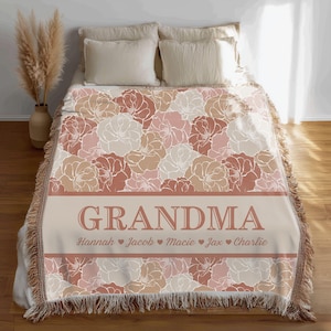 Keepsake Woven Blanket for Grandma from Grandkids | Personalized Custom Floral Cotton Embroidered Couch Throw, A Family Gift for Grandmother