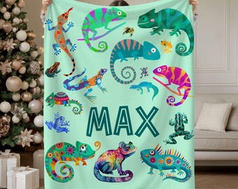 Personalized Lizard Blanket for Kids – Custom Gecko Fleece Blanket with Name, Reptile Gift for Boys, Toddler or Christmas Blanket