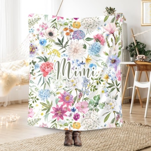 Mimi Blanket, Personalized Floral Grandma Blanket with Name, Custom Birthday Gifts for Her, Rustic Vintage Style Floral, Christmas Gift Idea