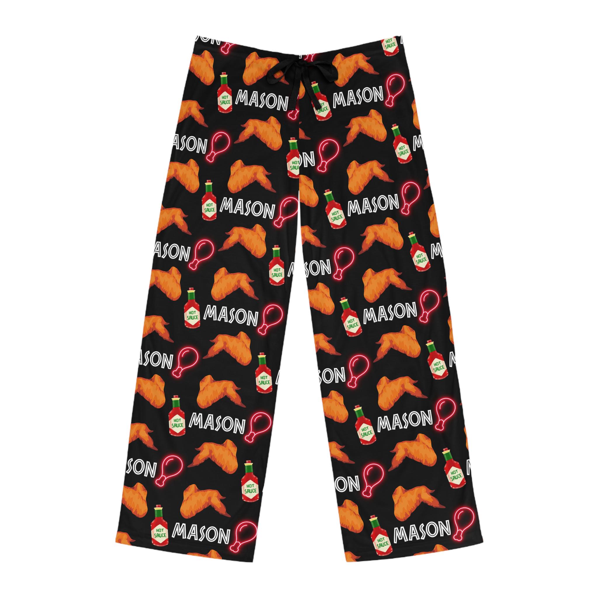 Funny Pajama Pants for Him, Chicken Wings and Hot Sauce Pants, Buffalo Wing lover Gifts for Teenagers, Boys Christmas Gift for Dad From Kids