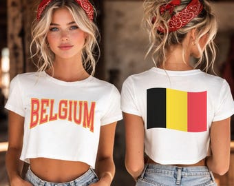 Top corto con la bandera de Bélgica - Camiseta de fútbol femenina para la Copa Mundial 2026, camiseta corta de algodón para aficionados de Bélgica