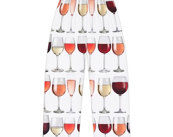 May include: White pajama pants with a repeating pattern of wine glasses filled with red, white, and rose wine.