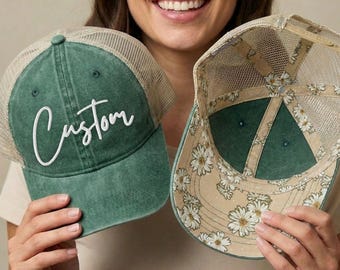 Gorra de camionero bordada a medida: gorra de béisbol con texto personalizado y abertura para coleta para mamás.