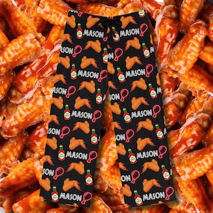 Funny Pajama Pants for Him, Chicken Wings and Hot Sauce Pants, Buffalo Wing lover Gifts for Teenagers, Boys Christmas Gift for Dad From Kids