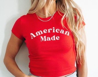 Camiseta roja para bebé hecha en Estados Unidos - Top corto retro America 250 del 4 de julio, camisetas para mujer del 4 de julio