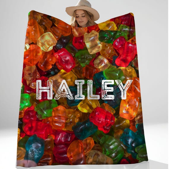 Gummy Bear Blanket, Funny Gift for Gummy Bear Lover, Personalized Candy Gift for Teenage Boy or Girl, Customized Soft Cozy Fleece Throw