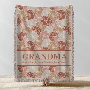 Keepsake Woven Blanket for Grandma from Grandkids | Personalized Custom Floral Cotton Embroidered Couch Throw, A Family Gift for Grandmother