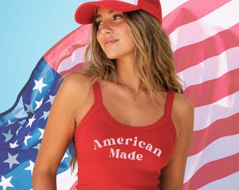 Camiseta sin mangas para mujer del 4 de julio: Camiseta corta estilo retro vintage roja hecha en Estados Unidos