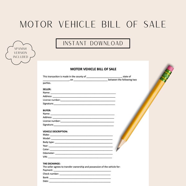 Vehicle Bill of Sale Printable - Instant Download Car Sale Agreement, Transaction Document for Buyer & Seller(Spanish Version Included)